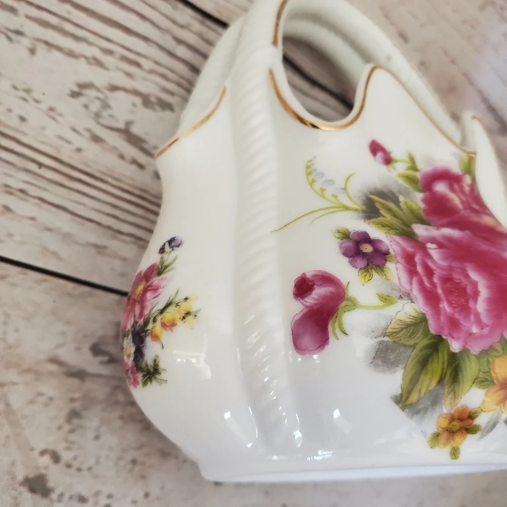 Vintage porcelain basket with flowers on it white, pink, purple, green